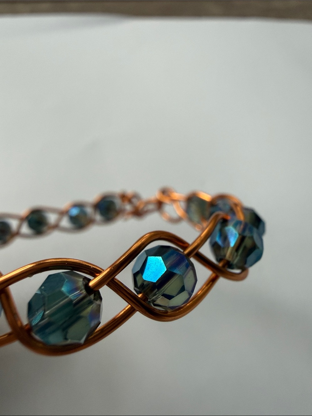Artisan New Blue Crystal Beads, Copper Twisted Wire-wrapped Bracelet Medium